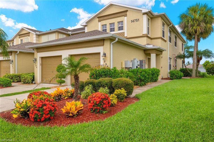 Welcome to this exquisite end-unit coach home, ideally situated with serene waterfront vistas with the BEST FULL VIEW OF THE WATER! This spacious second-floor condo in Calusa Palms spans 1871 sq. ft., featuring 2 bedrooms plus a den/flex room (currently used as a third bedroom) and 2 bathrooms, all adorned with picturesque water views from the lanai, living room, kitchen, and master bedroom.  Throughout most of the home, you'll find tasteful tile flooring complemented by plush carpeting in the bedrooms. Immaculately maintained, this unit is bathed in natural light, creating a warm and inviting atmosphere.  The heart of the home boasts an open floor plan with a spacious kitchen featuring Corian countertops, plenty of cabinet space, a spacious pantry, and a tasteful backsplash. The kitchen seamlessly flows into the family room.  You'll appreciate an extra flex room that can be used as a bedroom, office, or den.  There's also a loft; ideal for an office, playroom, exercise, or separate sitting area for your guests/teens.  The master bedroom presents a luxurious ensuite bathroom complete with a soaking tub, dual sinks, and a glass-enclosed shower, accompanied by a generously sized walk-in closet with well-designed organizers.  This is the largest available unit in Calusa Palms (Key West 2-Type D) with room for everyone!   Additional features include a one-car garage as well as extra storage space beneath the staircase. Located in the gated community of Calusa Palms, residents enjoy access to a range of amenities including a heated pool, tennis courts, bocce and pickleball courts, an exercise room, playground, and elegant clubhouse. Conveniently positioned just steps away from the pool and amenities, this home offers the ultimate in convenience and leisure.  Perfectly situated off McGregor Boulevard, you'll appreciate easy access to beaches, golf, shopping, dining, and more. Cable, internet, water, and sewer are included in the affordable HOA fees, ensuring modern comfort and connectivity.  This is a pet friendly community and is not age restricted!  This coach home is priced to sell! Schedule a showing today.