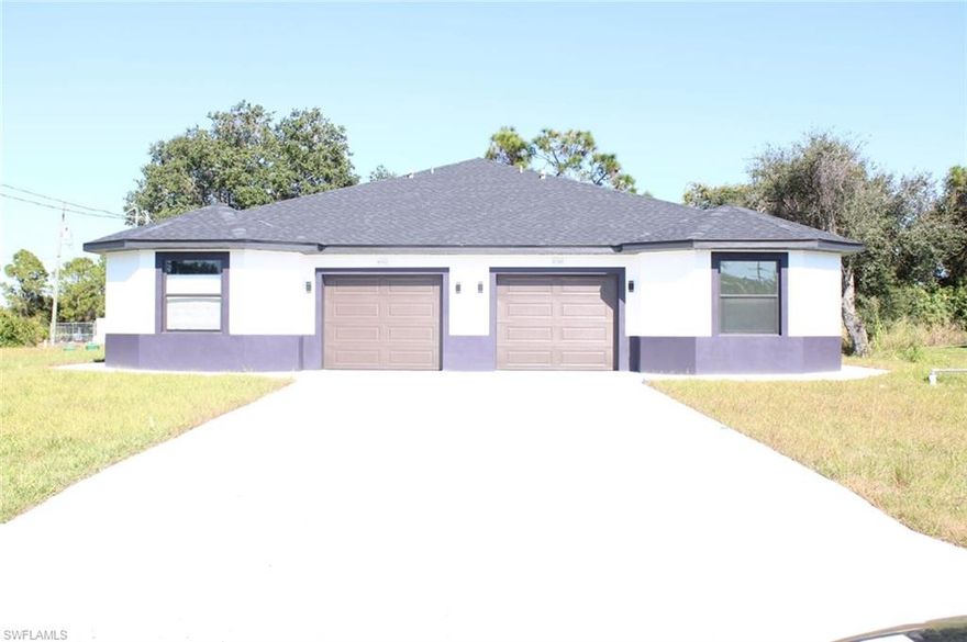 Gorgeous 3-bedroom, 2-bath duplex with a 1-car garage, built in 2020 and available for rent in desirable Lehigh Acres. This modern home offers a private yard and an excellent location—just minutes from SR-82, Daniels Blvd, Colonial Blvd, and only 10 minutes to I-75.

Enjoy granite countertops and tile flooring throughout, a spacious kitchen with a large peninsula, stainless-steel appliances (including a brand-new dishwasher), and an in-unit washer and dryer. Thoughtful upgrades include rainfall showerheads, tray ceilings in the great room and primary bedroom, a walk-in closet, modern LED lighting, and a smart garage door opener.

Relax in the large open-air lanai overlooking the backyard—perfect for outdoor living. Lawn care, water softener maintenance, quarterly pest control, and quarterly A/C filter replacements are included, offering truly low-maintenance living.