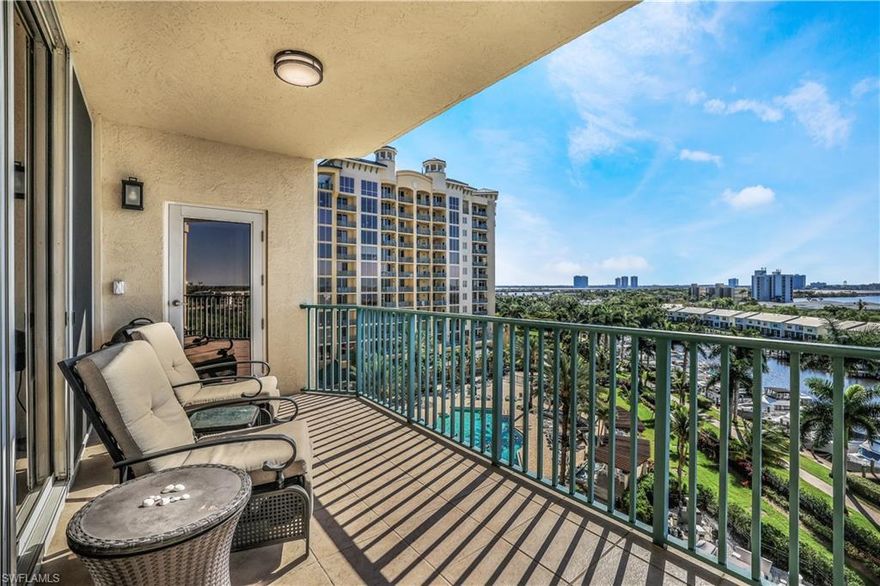 Location, location, location. A rarely available upper floor poolside Orion floor plan. Panoramic pool, club, marina, river and downtown Fort Myer's skyline views. Electric blinds in main living areas, crown molding throughout, tiled plank living areas and much more. Live at North Star and enjoy 15,000 sq.ft. of amenities including a two-level clubhouse, business center, meeting rooms, theatre, aerobics & fitness center, steam & locker rooms, pickleball, tennis, bocce, Southern facing heated pool and spa and more all spread out on 12.5 lush waterfront acres. Lease a slip at the marina or take a walk down the marina to four waterfront public restaurants. Take the free seasonal trolley to enjoy the newly revitalized River District of downtown Fort Myers with over 60 restaurants, shops, galleries, theaters, boutiques and more.