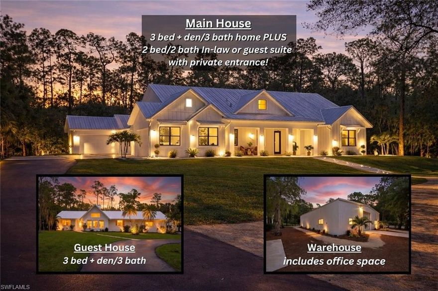 A truly rare Naples estate find offering unmatched luxury, privacy, and immediate equity —this five-acre fully gated compound with dual electric gated entrances features three residences, two private pools, and a massive commercial-grade air-conditioned workshop, all thoughtfully designed for elevated living. Offered completely turnkey and priced $400,000 below appraised value, this is a once-in-a-generation opportunity to step into a fully curated lifestyle just minutes from downtown Naples, the Gulf beaches, premier shopping, dining, and entertainment. The main residence showcases a resort-style saltwater pool and spa with travertine decking, while the detached guest house enjoys its own private pool—creating an estate perfectly suited for multigenerational living, guest accommodations, or private retreats. Additional highlights include a whole-house generator, propane tank, gas tankless water heater, reverse osmosis system, and epoxy-finished garage and warehouse flooring. A seamless transition into a fully designed, move-in-ready luxury estate. The main home features 5 bedrooms plus a den and 5 bathrooms, complemented by wood-look plank tile flooring, 8-foot solid wood doors, custom walk-in closets, central vacuum, and a four-car garage. The expansive living area is anchored by a striking stone feature wall with an electric fireplace and a full wall of sliding glass doors, creating a seamless indoor-outdoor living experience. The chef’s kitchen is a true centerpiece, highlighted by an impressive 11-foot custom island with waterfall quartz countertops, tile backsplash, premium KitchenAid stainless steel appliances, gas cooktop with hood, wall oven, microwave, two-drawer dishwasher, and an oversized walk-in pantry. The primary suite is a private retreat, offering dual custom walk-in closets and a spa-inspired bath with soaking tub, dual vanities, private water closet, linen storage, and a walk-through tile shower with rainfall feature and direct outdoor access. Outdoor living is equally impressive, with a fully equipped summer kitchen featuring a gas grill, sink, refrigerator, and stone countertops, along with expansive front and rear porches that enhance the tranquil, estate-like setting. A private in-law suite or guest wing—separated by a barn door and complete with its own entrance—includes a two-car garage, full kitchen with stainless steel appliances and gas range, primary ensuite, additional bedroom and bath, living area, dining space, and laundry, offering ultimate flexibility for extended family or guests.The detached guest house offers 3 bedrooms + den and 2 full and 1 half bath-with its own private pool. Recently updated with a new roof, new AC, new stucco, refurbished pool, and renovated interior, it provides a fully independent retreat. This property offers unmatched privacy, security, and versatility!