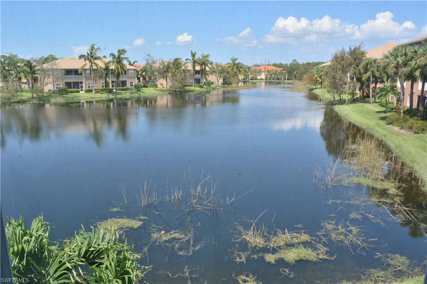 Light, Bright, Water Views and lots of Privacy! This 3 bedroom second floor coach home is on a quiet culdesac and offers long lake views.  Owner has put in many thoughtful upgrades and meticulously cared for the home.  Recent upgrades include tile on the diagonal throughout except master bedroom, granite countertops in the kitchen and matching in the master and guest bathrooms, on trend white cabinets, kitchen appliances, washer and dryer and new in 2017 - AC with a 10 year warranty, electric hurricane shutters on the lanai and 3m film on the remaining windows.  Owner modified the floorpan removing a wall in the main area to create an open and bright living space.  Only 4 Miles to beautiful Bonita Beach.  Conveniently situated between Naples and Estero, this prime location offers fantastic shopping, dining, golf all within a few minutes drive and is about 20 minutes drive to RSW Airport making this a smart winter getaway.  Excellent rental opportunities as well.  Spanish Wells offers several optional membership options ranging from social to full golf, please inquire if interested.  A great opportunity in Coastal SW FL that won't last long - priced to sell before season!