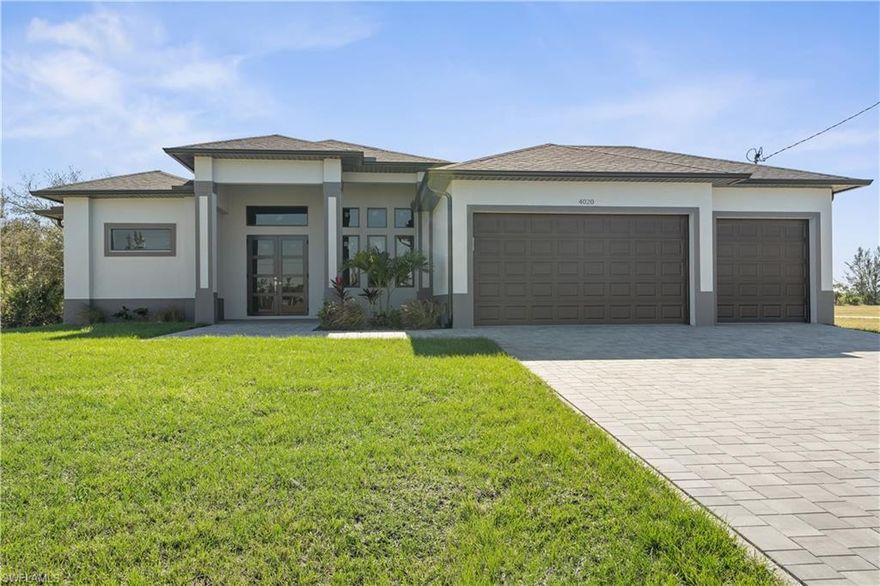 Amazing location to this luxurious new construction pool home in the highly sought-after area of NW Cape Coral. With 2,245 SF of living space, this stunning home features soaring high ceilings and an open-concept design that creates a bright and airy atmosphere. The home offers 3 spacious bedrooms, a den, and a huge 3-car garage, perfect for all your storage and vehicle needs. The master suite is a true retreat, with a spa-like master bath complete with a walk-in shower and separate soaking tub. The home is beautifully tiled throughout, adding to its modern and elegant feel. Step outside to the screened-in pool area, where you’ll enjoy a private, tranquil setting surrounded by a serene tree grove in the back, providing ultimate privacy. Located in one of the most desirable neighborhoods in NW Cape Coral, this home is surrounded by gorgeous waterways and stunning properties, making it the perfect spot to relax and entertain. Whether you're lounging by the pool or enjoying the quiet privacy of your backyard, this home offers a lifestyle of comfort and elegance. Don't miss this one of a kind beauty and location. schedule your showing appointment today.