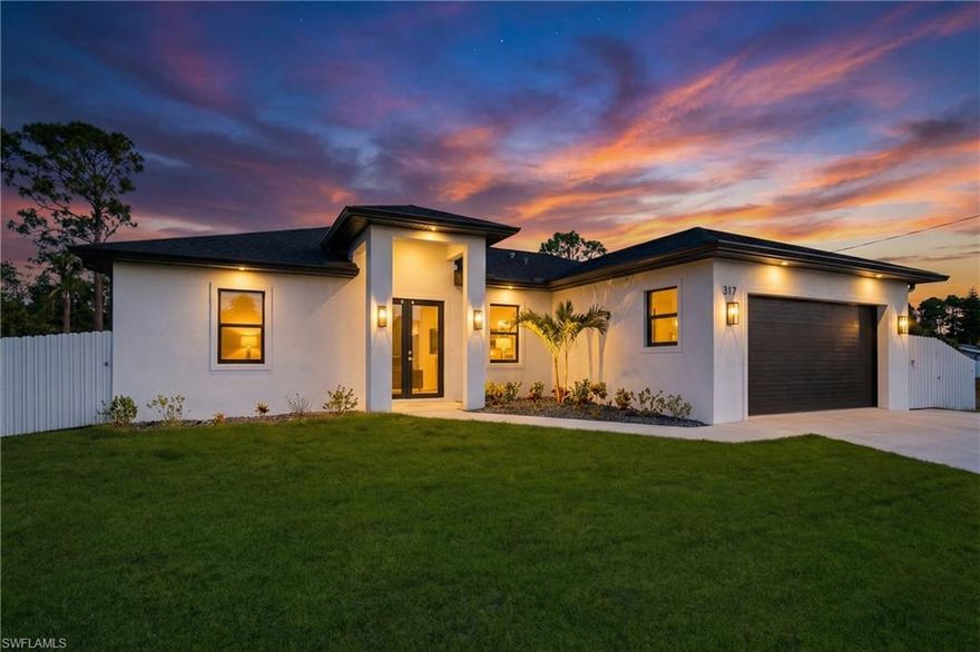 Do not miss the opportunity to live in this beautiful Newly Built single-family home located in the much desired & family-oriented Cape Coral neighborhood! This light & airy 3 bedroom, 2 bathrooms, 2-Car Garage, high
ceilings, open floor plan, Impact Windows (best quality in Florida), 8'ft interior doors, kitchen with modern appliances, center island with waterfall edge & custom range hood, porcelain floors thru-out, covered patio with fully fenced with a privacy fence with enough room to build your own resort-styled custom pool. This is a Must-See Beautiful Home! Ready to Move-In!!