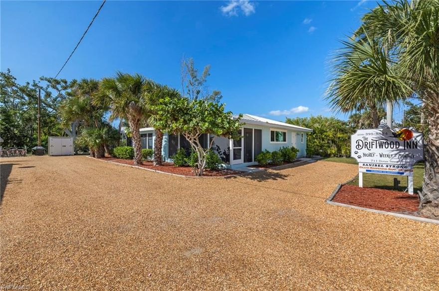 Welcome to the Driftwood Inn, a boutique gem located in Sanibel Island's Resort Housing district, offering nightly rentals. This is a rare opportunity to acquire one of a few properties with nightly rentals on Sanibel Island. This well-established property is in one of Florida's most coveted beach destinations. Featuring four charming two-bedroom / two-bathroom cottages with full kitchens and screened lanais just seven houses from the beach access. Meticulously maintained, efficiently managed, and conveniently located near restaurants and shops, the Inn provides a perfect balance of island tranquility and accessibility. The Driftwood’s Island charm, peaceful grounds, and ideal location make it a top choice for island vacationers. Recent renovations exceeding $600,000 make it a turnkey investment opportunity with reservations already secured. Projections for 2024 forecast a robust gross rental income of $315,000, supported by strong occupancy and loyal repeat guests. The Driftwood Inn offers the perfect combination of rental income and real estate value appreciation, making it a sound investment opportunity in the hospitality market.