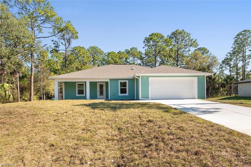 Final CO has been issued so it is ready to close! Brand new CONCRETE BLOCK HOME just completed on a HALF ACRE OF LAND giving you lots of room to enjoy! Plenty of room to add a workshop, additional garage for your toys, boat, or RV, plenty of room for a pool, fence in the yard for your pets or little ones, or all of the above! Lot size @ 105'w x 208'D. This area is very well desired giving you the Country feel since most of the lots are oversized in this section of Lehigh Acres giving you more space between neighbors. The front of the home has a siding look, but is actually made of concrete mortar which is a much better quality product finish. This 4 bedroom home features all IMPACT DOUBLE PANE INSULATED WINDOWS, IMPACT DOORS, and IMPACT SLIDERS, so no storm shutters to deal with! The roof is a 3 DIMENSIONAL SHINGLE HIP ROOF which you get a insurance discount on and this area is NOT IN A FLOOD ZONE. The split floor plan is excellent giving you the open feel as you enter. Luxury vinyl flooring throughout the home at a diagonal with 5 inch baseboards throughout. The kitchen has quartz countertops, soft close upgraded cabinets and is positioned great for entertaining with a large bar seating area. Inside laundry offers pantry storage just off the kitchen with a pocket door to free up space. There are two lanai's front and rear. Front is 20' x 10' and the rear is 28' x 12'. Both are very large compared to most giving you much more space to enjoy some fresh air. This home is VERY ENERGY EFFICIENT which will save you lots of money over time on your electric bills. The home qualifies for VA, FHA, or Conventional loan types. BUILDER WARRANTY INCLUDED. Come see this home before it is gone.