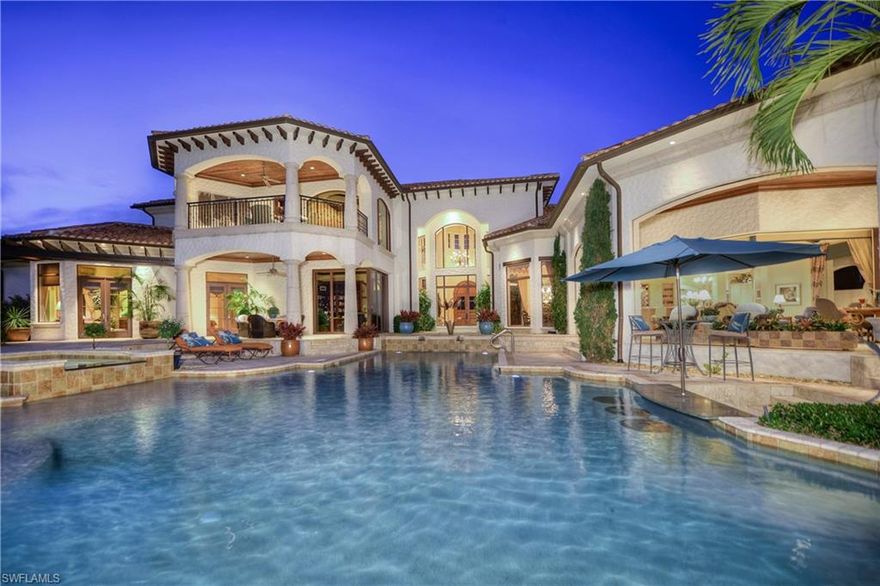 This beautiful custom estate built by McGarvey Homes, offers dramatic lake and golf course views and emphasizes luxury living at its finest. Situated on almost a acre of land, this property measures over 7,362 square feet of living space and over 11,400 square feet total. Complete with 4 bedrooms, 2 offices 4 full baths & 2 half bathrooms, there are upgrades throughout including a gourmet chef’s kitchen with Wolf & Sub Zero appliances with a wet bar and wine room. Other notables include a wood paneled office with wood floors, marble flooring, three en-suite guest rooms, spacious family room, a 4-car garage, ceiling details, a oversized master suite with a sitting area and with his/her closets, a game room with a Pub style bar, and much more. Utility upgrades include a private elevator, 4 new AC units, new pool equipment, impact windows and doors, electric screens and shutters, a generator, 2 propane tanks totaling 1500 gallons, mechanical room & copper downspouts. Step out any of the numerous sets of pocket sliders to the lanai which features expansive space, a outdoor kitchen, a large pool and spa with a water feature, swim up pool bar, fireplace, a pool bath and lush landscaping.