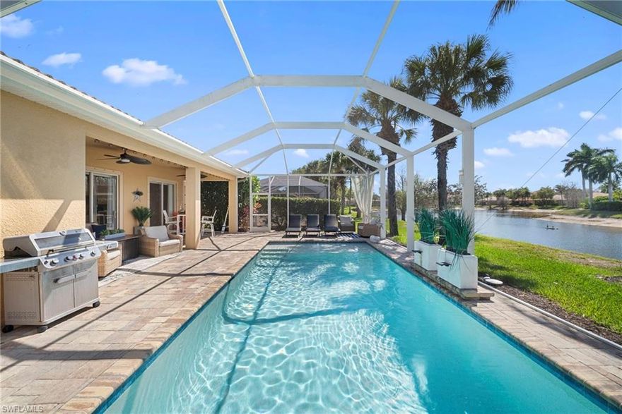 THIS STUNNING HOME IS A MUST SEE! Step into refined Florida living with this beautiful 3-bedroom plus den pool home, ideally located in one of Naples’ most desirable gated communities. Perfectly positioned with highly coveted WESTERN EXPOSURE, this residence offers breathtaking sunset views over the tranquil lake—creating the ultimate backdrop for relaxing evenings or entertaining guests. This gorgeous home can be sold furnished turnkey for an additional price. 
From the moment you enter through the grand double doors, you’re welcomed by soaring 12-foot ceilings and a stunning sightline that flows seamlessly through the open-concept living space to the expansive lanai, SALTWATER POOL, and shimmering water beyond. Designed with both comfort and style in mind, the split-bedroom floor plan ensures privacy, while the versatile den provides the ideal space for a home office or additional guest accommodations.
The home lives larger than its 2,200+ square feet, thanks to volume ceilings, abundant natural light, and thoughtful upgrades throughout. Enjoy luxury vinyl plank flooring, crown molding, fresh interior paint, enhanced recessed lighting, and ceiling fans in every room. The kitchen has been tastefully updated with modern countertops and a stylish island, making it the perfect hub for gatherings. This spacious home also features a formal dining room and cocktail room, perfect for those that like to entertain.  
Retreat to the spacious primary suite featuring newer carpeting, double sinks, separate tub and shower, a large walk-in closet and serene lake views, while the extended covered and uncovered lanai invites you to embrace the Southwest Florida lifestyle—ideal for alfresco dining, lounging poolside, or simply soaking in the peaceful lakefront setting. Spacious laundry room with loads of cabinets and utility sink. Additional features include Halo 5 water conditioning and filtration system, pocket doors, and a true move-in-ready, fully furnished (for an additional price) offering—perfect for seasonal or full-time living.
Residents enjoy access to exceptional community amenities, including a clubhouse, resort-style pool and spa, fitness center, social spaces, and recreational activities—all within a welcoming, pet-friendly environment.
This is more than a home—it’s a lifestyle defined by comfort, elegance, and unforgettable sunsets.