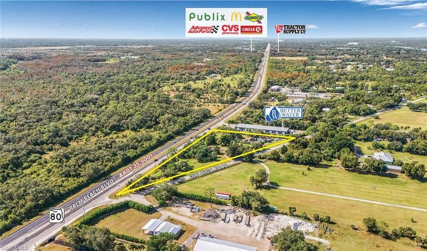 16401 Palm Beach Blvd consists of 2.09± acres of CPD zoned land with direct frontage along Palm Beach Boulevard. The property benefits from close proximity to a strong mix of commercial development, including a Publix-anchored shopping center, multiple retail and commercial users, Riverdale High School, and River Hall, a growing master-planned community planned for over 2,695 homes, with more than 1,500 already constructed.

The CPD zoning allows for a wide range of commercial uses, including but not limited to administrative offices, financial institutions, essential services, medical office, and indoor storage. The CPD also permits a maximum
buildable area of up to 14,350± Sq. Ft. across both parcels.

HIGHLIGHTS: • 606' of direct frontage on Palm Beach Blvd • Opportunity to acquire 1± acre adjacent parcel • CPD allows for up to 14,350 SF of floor area across combined parcels, permitting a large list of approved uses. •Close proximity to a host of commercial activity as well as many residential developments including River Hall, planned for 2,695 residences. • The site is positioned directly along the primary thoroughfare serving traffic to eastern counties, including Hendry and Glades County.