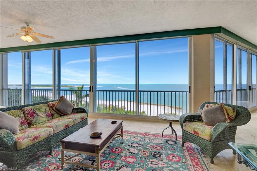 Rarely available and sought-after front unit in the prestigious Riviera and gated Hideaway Beach. Panoramic Gulf and beach views sweep through this 3-bedroom plus den, 3½ bathroom condo with floor-to-ceiling water views from the main bedroom, living, den and family rooms and kitchen. From living room, double doors lead into spacious main bedroom with plenty of light, sliders to lanai and wide vistas of Hideaway beach, tiki huts and Coconut Island. Screened entryway courtyard leads through front doors to foyer and Saternia marble floors. Adjacent to foyer is half bath and linen closet; guest room with double windows, full bath, his and hers closets; 2nd guest with full bath. Main bath with double sinks, jet tub, shower with seating, double window, water closet, dressing area leads to his and hers closets, vanity and extra sink, linen closet. Den with storage and opens to lanai. Spacious dining room opens to living room, stunning Gulf views and bar area with sink. A rare treat is to stand at the kitchen's double sinks with abundant views of the Gulf. Kitchen also has island with electrical outlets, dishwasher, eat-in area with family room. Screened terrace with bar, sink, fridge and ample seating areas. Tray ceilings, recessed lighting; condo is being sold furnished and ready to move in. Laundry room with sink, closet and plenty of storage. Elegant lobby and on-site manager. Garage reserved parking, golf cart parking; car wash; charger. Hideaway Beach offers an unmatched lifestyle with amenities: 24-hour gated community, 9-hole golf course, pro shop and putting green, tennis, bocce ball, pickleball, bike and walking paths, fitness center, restaurants, clubhouse, beachside pool and Hideaway Beach boardwalks, lagoons, canoe and kayak storage, picnic area, shelling and fishing. Surrounded by luxury, your home will be a waterfront haven, 5th floor perfect height to enjoy Marco Island sunsets. Extra: Cameras throughout; furnished with some exclusions; hurricane shutters.