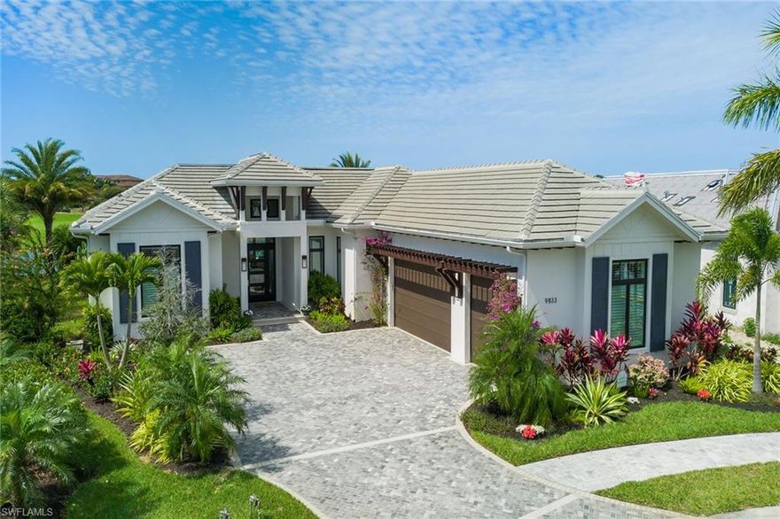 Fabulous and tastefully furnished Burano floor-plan featuring 3,515 square feet under air (5,035 total) that includes four bedrooms and 4.5 baths, located on a .43 acre cul de sac lot. The floors are finished with Du Chateau French wood throughout. The vaulted great room with beamed cathedral ceiling features an entertainment wall with a linear gas fireplace, TV, and floating bookshelves and cabinetry. Adjacent wall features custom walnut cabinetry with counter top. Spacious kitchen with upgraded granite island and Subzero-Wolf appliances, natural gas and walk-in pantry w/ barn door. Kohler plumbing throughout. The 24' opening of glass doors pocket into the walls leading to the outdoor kitchen, infinity edge pool w/ spa and spacious seating to enjoy the views of the lake, golf course and SW sunset. All windows  are impact rated and the lanai is protected with individual motorized drop down insect and storm screens. Full TPC golf membership is included! The Peninsula at Treviso Bay is a distinct gated enclave of 54 homesites, surrounded by unparalleled views of the breathtaking TPC Treviso Bay golf course, lake and preserve.