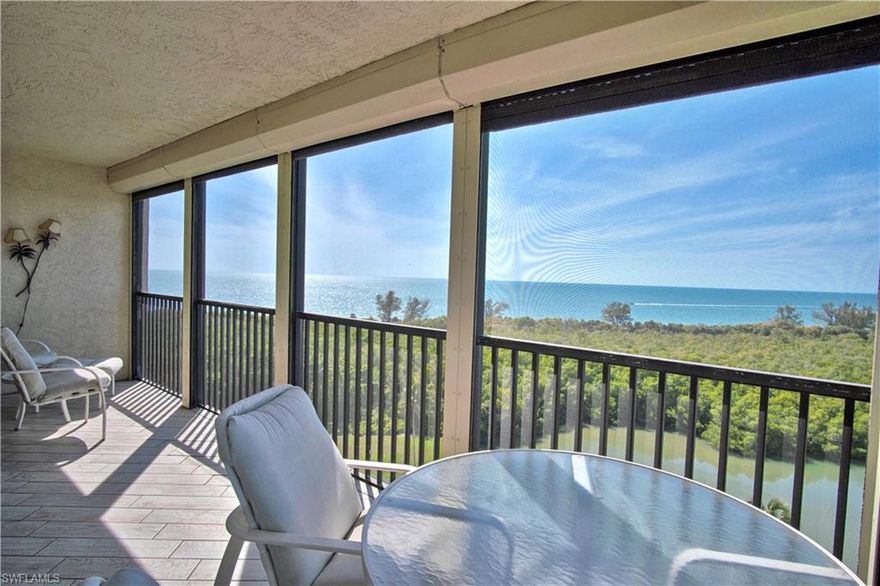 Penthouse Condo corner unit with magnificent Gulf and Bay views! Enjoy spectacular sunsets from this oversize wrap around balcony. This home features and open, spacious floor plan, plus a a private lanai from master bedroom. Hardwood flooring and tile throughout the entire home. There is a 2018 TRANE AC unit in place, also a new water heater has been installed in 2018. This Penthouse is offered furnished with everything included to make your vacation home come true. Community offers resort style pool setting, walking distance to beach. Convenient for boating, fishing and enjoying Florida sunsets.
