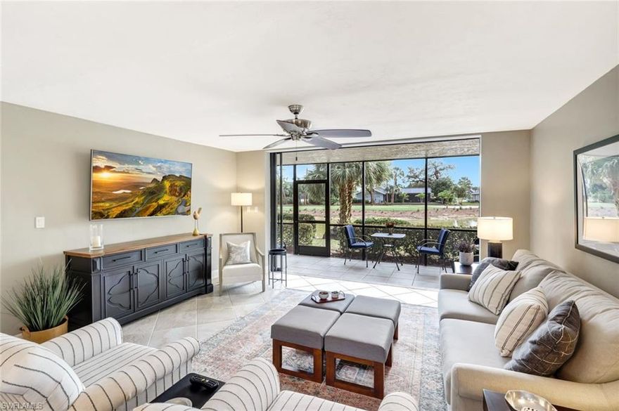 First Floor, CORNER END UNIT- Two Bedroom, PLUS Den, Totally Sold Turnkey (small exclusion list)-Next to Outdoor Grilling and Large Community Pool Nearby. Rear SW Exposure with Lovely Lake and Golf Course View of the New Bear Golf Course #14. Handsomely Furnished and Ready to Live In! Be Sure and Watch the Video! Inside Laundry, Great Den/Office. Tile Flooring in All Main Areas, Carpet in Two Bedroom Suites. Guest Bath Also Joins the Guest Room. Completely Renovated after Hurricane Ian in 2022. One Large Screened Patio and One Side Screened Patio- both with Super Screen. Bring your Binoculars for Bird Watching! Fun to Watch the Golfers Too! Located within the gated Forest Country Club Community, New Resident incentive Discounts, Two  Audubon-Certified Championship Golf Courses, Tennis, Pickleball, Bocce, Fun Social Nights! The Community has Two Manned Entry Gates, a pet-friendly environment. a Prime location near coffee shops and restaurants, just 15 minutes to RSW Airport, 20 minutes to Sanibel, and 25 minutes to Fort Myers Beach. Please Note some amenities listed require membership in The Forest Country Club. Join Us! Come Live & Play In The Forest!