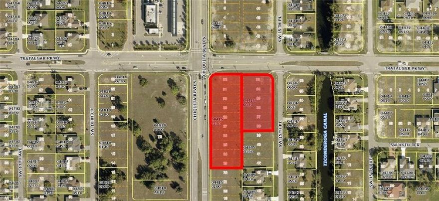 This 2 acre vacant commercial site is the last corner site available at this signalized intersection in a fast growing area of SW Cape Coral.  The site features 3 road frontages with 406' of frontage on Chiquita Boulevard and 270' of corner to corner frontage on Trafalgar Parkway.  Excellent visibility and access on this prime site in the pathway of growth.  City water, sewer, and irrigation available.  Buyer to assume assessment balances at closing.  Adjoining rear lots available with another broker, site can be expanded to 2.5 acres with theses lots.