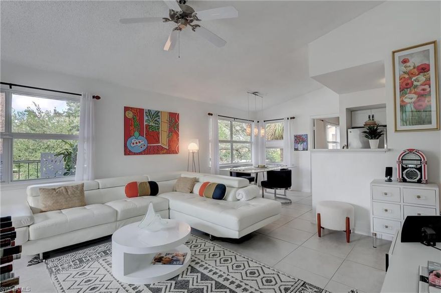 Light and bright and beautifully maintained! This second floor condo has so much natural light, with a west facing view. Beautifully decorated 2 bed / 2 bath located in the highly desired Venetian Palms Community of Ft Myers. Situated just minute to shopping and dining. This condo has tile throughout, split floor plan for privacy, updated kitchen (2021) in residence laundry with combo washer and dryer, newer a/c (2019) A fabulous lanai with western views for catching the stunning Florida sunsets. Each unit has one assigned covered parking space and plenty of guest parking. Venetian Palms is a pet friendly neighborhood with lighted streets and wonderful walkability.  Amenities include a large heated resort style pool, a second smaller heated pool just steps away, hot tub, sauna, clubhouse, library, fitness center, tennis courts, pickle ball, sand volleyball, ping pong, and social events to meet many of your friendly neighbors.