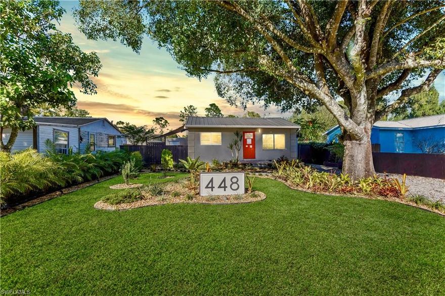 Charming Home Near Downtown Fort Myers River District – Dead-End Street Oasis Ideally located close to Downtown Fort Myers River District, this beautifully maintained home is nestled away on a quiet dead-end street, FRESHLY paved driveway offering privacy and serenity. Enjoy tranquil outdoor living highlighted by a serene koi pond, elegant stone walkways, and a mature oak tree surrounded by professionally illuminated landscaping. This residence features a commercial-grade metal roof, brand-new 2025 HVAC system, 2021 water heater, newer electric panel, newer windows and doors, and city water & sewer. Freshly painted and thoughtfully updated throughout. The kitchen showcases high-end granite countertops, shaker cabinets, attractive tiled backsplash, premium fixtures, and newer appliances. Interior highlights include enticing wood laminate flooring throughout, wainscoting accents, faux blinds, and modern finishes. The bathroom offers a desirable freestanding tub and new vanity. Additional conveniences include a laundry room under air with utility sink, storage cabinets, folding vanity, and high-speed internet availability. Outdoor features include a tiled front entrance, 6-ft fenced yard, privately enclosed outdoor shower, additional exterior storage, and new outdoor receptacles. A rare opportunity to own a peaceful retreat just minutes from dining, entertainment, and the waterfront—schedule your showing today!