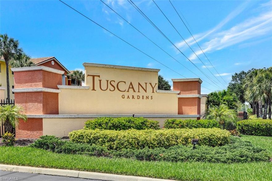 Rarely available preserve view 2 bedroom 2 bathroom condo in the gated community of Tuscany Gardens. One of the most desirable locations in South Fort Myers. Spacious living area, move-in ready. Inside laundry room adjacent to the Kitchen, Hurricane shutters, Exterior storage unit. Amenities include, pool, spa, tennis and pickleball courts and fitness center. Convenient to restaurants, Whole Foods and Publix, Southwest Florida International Airport, Sanibel and Captiva islands and beaches.
