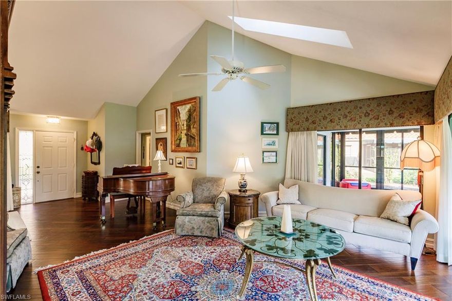 REDUCED! Gorgeous Beachwalk gem. Detached 3 bedroom 2 car garage, magnificent patio and wraparound extended and screenedl anai ready for entertaining! A beautifully updated kitchen, tile, wood floors and carpet throughout home. Enjoy wonderful volume ceilings. Let the sunshine in! 2 Beautiful skylights in living with auto shutters. A private oasis nestled among lush landscape and experience the Naples elegant beach life at it's best. Walk to the beach, Pavilion plaza, Mercato and more! Great location and Priced to sell!