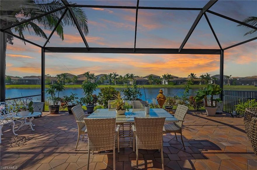 This meticulously maintained home features 3 beds + den, breakfast bar, formal dining, and is situated on a west-facing lakefront lot. Enjoy sunset hued skies just off your lanai. Over $200k in upgrades- GENERAC generator with natural gas, air purifier, extended driveway, improved landscaping and lights, upgraded light fixtures throughout, custom window treatments, woodwork, built-ins and closet systems. The covered lanai has a gas grill, stove, sink and small fridge and leads you to an extended brick patio with fountain and panoramic screens for unobstructed views. The garage features custom built-ins, LG air conditioner and epoxy flooring. Storm shutters and screen are installed for your convenience. There's space for a pool. Award-winning Stonecreek is a natural-gas, gated community with an epic lifestyle complex. Conveniently located minutes to Logan Landings and Founders Square’s great shops, restaurants and easy interstate access. Amenities include a resort-style pool, lap pool, spa, cabanas, tiki hut, tot lot & water play area, fitness center, 5 lighted Har-Tru tennis courts, 4 pickleball courts, billiards room, social room, full-time activities director and on-site manager.