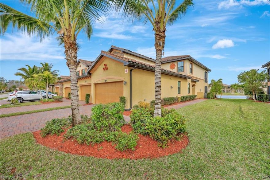 Social Membership included with this perfectly wonderful 3-bedroom 2 full bath first floor Coach Home.  The coveted Arrowhead floorplan is the ideal entertaining home with the large great room anchored by a huge island. The walk-in pantry stores all your goodies, and the dining room is combined with the living room so you can grow your table as needed! Attention to detail throughout, all floors are tiled on the diagonal and there's crown moldings and stainless appliances. This beautiful home has a spacious, screened lanai with views of impeccable Florida sunrises over the lake. You're going to love your primary suite with dual walk-in closets and a spa inspired bath featuring dual vanities and a generous shower. 2 additional bedrooms share a second bath and with the split bedroom floorplan, they offer maximum privacy. Perfect for family and guests. A GREAT year-round or seasonal home and the generous leasing options make this a superb investment option. Enjoy amenity rich Bonita National with the lagoon pool, full-service salon, state of the art fitness, dining options and excellent location, central to sandy gulf beaches, Naples and RSW. Shopping and restaurants, arts, trails....