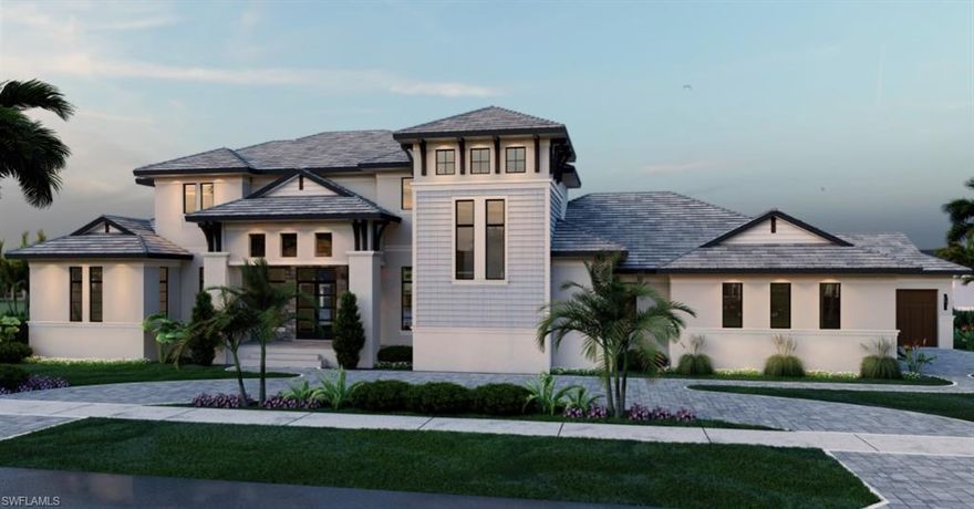 Exceptional, 4,800-square-foot new-construction home with south island long water and wide bay views. Located in a highly demanded neighborhood and offering custom designs inside and out from one of the most requested design teams on Marco Island. Modern and warm, thoughtfully laid out and designed with western exposure and Marco Island skyline that offer full views day and night. Plus, the rare privacy of a large lanai and pool area with big water access and views. This two-story, great room floor plan comes equipped with the perfect gourmet kitchen, custom cabinetry, beautiful quartz countertops, a large walk-in pantry and an oversized kitchen island. Custom living area ceiling finishes. Guests will enjoy upstairs en-suite bedrooms, a family room, a covered lanai with magnificent views of the waterfront and landmark bay views. Bonus three-plus-car garage to complete this dream home on this oversized premium parcel.