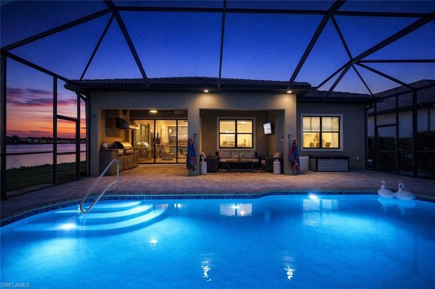 If lake views, a private pool, and effortless indoor-outdoor living are on your wish list, this Summerwood residence checks every box! Located within Corkscrew Shores, this beautifully maintained home offers a refined blend of comfort, design, and resort-style living, along with the added peace of mind of a transferable home warranty provided by the owner—a valuable bonus for today’s buyer. The open-concept layout is filled with natural light and seamlessly connects the kitchen, dining, and living areas, enhanced by eight-foot interior doors, crown molding, coffered and tray ceilings, light coastal finishes, stainless KitchenAid appliances, a generous pantry, and an oversized granite island ideal for gathering and entertaining. Sliding doors open to an impressive outdoor retreat featuring a heated saltwater pool with twin waterfalls, expansive screened lanai, outdoor kitchen, and uninterrupted lake views framed by lush tropical foliage—creating the perfect setting for relaxed mornings, sunset evenings, and entertaining guests. The thoughtfully designed floor plan includes three bedrooms plus a den/office and two baths, offering flexibility for work-from-home needs or visiting guests. The owner’s suite is a private sanctuary with serene lake views, dual vanities, a large walk-in shower, and a substantial walk-in closet. Life in Corkscrew Shores centers around a spectacular 240-acre spring-fed lake ideal for kayaking, paddleboarding, fishing, and electric boating, complemented by an amenity-rich community offering a stunning Grand Clubhouse, zero-edge resort-style pool with spa, indoor/outdoor restaurant and full-service bar at the Captain’s Club, fire pits for evening gatherings, fitness center with movement studio, on-site massage services, tennis, pickleball, bocce, walking and biking trails, playground, sports lawn, picnic areas, fishing pier, and kayak and canoe launch. Endless social activities foster a vibrant sense of community. With low HOA fees, no CDD, and a prime location close to I-75, RSW International Airport, FGCU, Miromar Outlets, Coconut Point, Gulf Coast Town Center, and the white-sand beaches of Naples, Fort Myers, Sanibel, and Fort Myers Beach, this home delivers an exceptional Southwest Florida lifestyle defined by convenience, recreation, and scenic beauty.