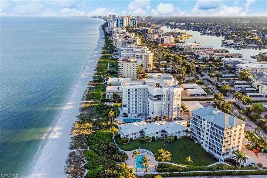 Luxury beachfront lifestyle at its finest. The Gramercy is an exclusive and sought-after intimate beachfront boutique complex with 24 total residences located in the Moorings neighborhood of Naples. This rarely available residence is situated on the 6th-floor southern corner with desirable southwestern exposure and offers four en-suite bedrooms. Wide panoramic Gulf of Mexico and beach views are showcased from the open dining area, great room and enclosed, wraparound Gulf-facing terrace, protected with impact sliding glass doors, screens and electric shutters. Highlights include a gourmet kitchen with luxury appliances and a morning balcony with bay views, den, gorgeous wood flooring, electric window coverings, crown molding, walk-in closets, wet bar and 2-car enclosed garage spaces. A private beach cabana is included with this spectacular condominium, one of only 10 in the building. Amenities include a stunning southwest beachside pool, fitness room, community room, on-site management and a beachfront gathering spot with fire pit to enjoy evening sunsets. Located minutes from fabulous shopping and dining at Venetian Village, Waterside Shops and downtown 5th Ave S and 3rd St S.