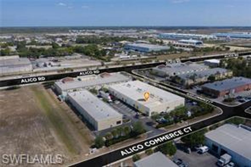 Locate your business where the action is! This Industrial Condominium is listed for $2600 per month. A truly desired location which is centrally located off of I-75 Interstate and Alico Rd. Access your unit 24/7. Well managed HOA with strong reserves, LED lit parking and exterior surveillance. This unit is 1213 Sq ft consisting of 250 Sq ft Office space (CAC Cooled) and a 25 ft x 50 ft deep warehouse space complete with 10 ft x 16 ft  overhead door and 20ft ceilings.