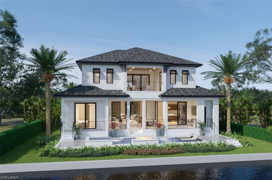 Gorgeous BRAND NEW CONSTRUCTION on a coveted SOUTH FACING waterfront lot in Conners/Vanderbilt Beach! This stunning home TO BE BUILT by renowned local builder Divco Custom Homes has an open floor plan, 4 Bedrooms plus den/office, 4 full and 2 half Baths, 5582 Total SF, 4108 under air. Airy 12 ft ceilings on the main floor with 10 ft pocketing sliders open to a generous lanai with outdoor kitchen, fireplace and concealed roll down screens. Just a few steps down to the pool w/fire feature, spa, sun shelf and outdoor shower. The indoor/outdoor living flows fluidly from Great room, Dining room, Kitchen, and Lanai.  
Gourmet kitchen with Wolf/SubZero appliances, walk-in pantry, custom frameless cabinetry, Quartz counters, beverage cooler and wine cooler. 
The spacious 1st floor Master Bedroom has a private balcony just a few steps down to the pool, His and Hers walk-in closets, laundry. Luxurious Master Bath w/separate his and hers toilet closets, oversized doorless shower with multiple showerheads, soaking tub. The second floor is a guest’s dream with 10 ft ceilings, 3 additional ensuite bedrooms, lounge area with juice/coffee bar, balcony, and a second laundry room. Elevator. New seawall, dock allowance. 2 car garage. Boat out to the gulf from your backyard.  
This house is perfect! Live the boating and beach life in luxury in this brand new home to be completed early 2023.