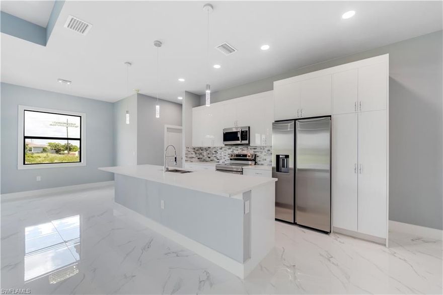 BEAUTIFUL BRAND-NEW CONSTRUCTION! Centrally located in Lehigh Acres!! This home has Over 1,815 square feet. Home features 3 bedrooms plus Den, 2 bathrooms, double car garage, impact windows, impact door, large open lanai. The open floor plan encompasses a spacious living area, kitchen island and dining, Master bedroom complete with a spacious two walk-in closet and a beautifully finished en-suite bathroom includes dual vanities and a walk-in shower. The open-concept layout includes a large kitchen island, perfect for entertaining. The kitchen features quartz countertops, Stainless steel appliances, Soft-close shaker cabinets, LED lighting throughout. Conveniently located near SWFL International airport, FGCU, shopping centers, one block from 23rd St. and close to the Gunnery Road, State Road 82. Don't miss this great opportunity to own your new construction in SWFL!!