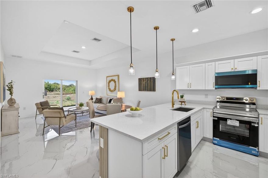 Step into this stylishly staged Lehigh Acres home! With 3 bedrooms, 2 bathrooms, a 1-car garage, and 9’4” ceilings throughout, with stunning 10’4” tray ceilings in the living room and master bedroom, the space feels open and airy. The modern kitchen features stainless steel appliances, shaker cabinets, and a breakfast bar perfect for casual meals. Porcelain floors, hurricane-impact windows, a paver driveway, and a covered lanai complete the look. Located in a welcoming neighborhood just minutes from Mirror Lakes Elementary, parks, and shopping. All furniture is available for purchase — see how easy it is to move right in!