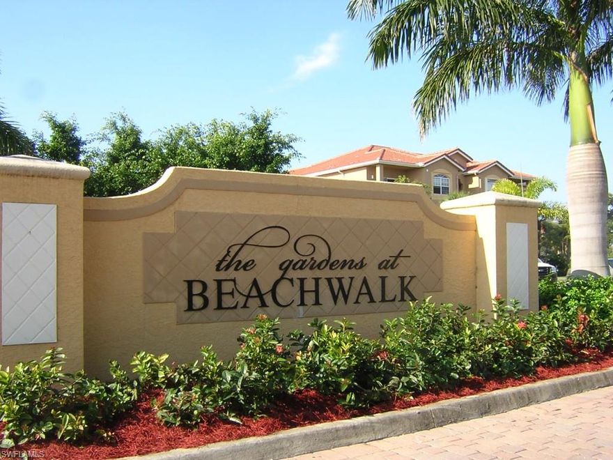 GARDENS AT BEACH WALK DESIRABLE FIRST FLOOR UNIT 1 BEDROOM 1 BATH WITH GARAGE.  FLOOR PLAN IS ATTACHED, IT HAS VERY NICE SPACE.  THE COMMUNITY HAS A GREAT CLUBHOUSE, POOL, SPA, EXERCISE ROOM.  SHORT DISTANCE TO FORT MYERS BEACH OR SANIBEL ISLAND.  CLOSE TO SHOPPING AND RESTAURANTS AS WELL.