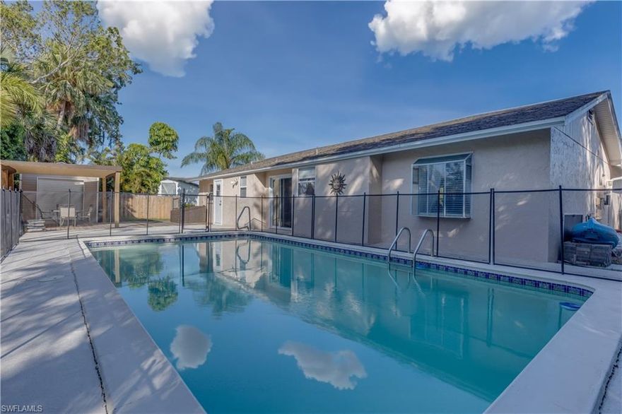 What a nice house this is! AND?  It is located in a community where there are NO HOA fees! It is also in a GREAT location only about 4 miles from downtown Naples. With newer tile throughout, cleaning is a breeze.  This home has so many nice features.  It has been very well maintained.  When you enter into the living room, you feel like this is so comfy and homey.  The kitchen is designed in such a way that you don't bump into each other and it has been nicely updated with beautiful wood cabinets and granite countertops. The beds and baths are nice sized and the main bath also doubles as a pool bath. And the pool?  Just beautiful with safety features in place to help protect any littles that may be about.  The lanai also features a very pretty, covered eating area that is perfect for entertaining.  The back yard also features a nice sized shed that stays with the home. You definitely do not want to miss this one!