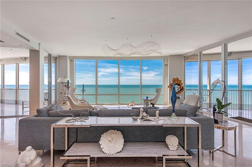 Top of the tier. Enjoy Gulf of Mexico views to Sanibel and beyond from one of Naples' most sought-after buildings. This rarely available south side offering is comprised of over 6,000 square feet of living area with four full bedroom suites, four-and-a-half baths, library, great room, formal dining area and family room. Estate Nineteen South boasts neutral tones throughout and three terraces to enjoy sunrise-to-sunset views. Building specifications include floor-to-ceiling walls of glass, ten-foot ceilings, gas cooking and a water detection system. This residence also includes 4 deeded parking spaces. Le Rivage is underway of a full remodel of the common areas and offers the complete luxury lifestyle with unmatched amenities, including 24-hour front desk attendant, saline pool and spa, social room, top-notch fitness room, massage room, two Gulf-view guest suites, as well as an air-conditioned storage locker and beach storage. The Village on Venetian Bay is a short distance and has been heralded for its waterfront setting, wonderful dining and eclectic mix of specialty retailers. Park Shore residents may purchase or lease a boat dock located across the street on Venetian Bay.