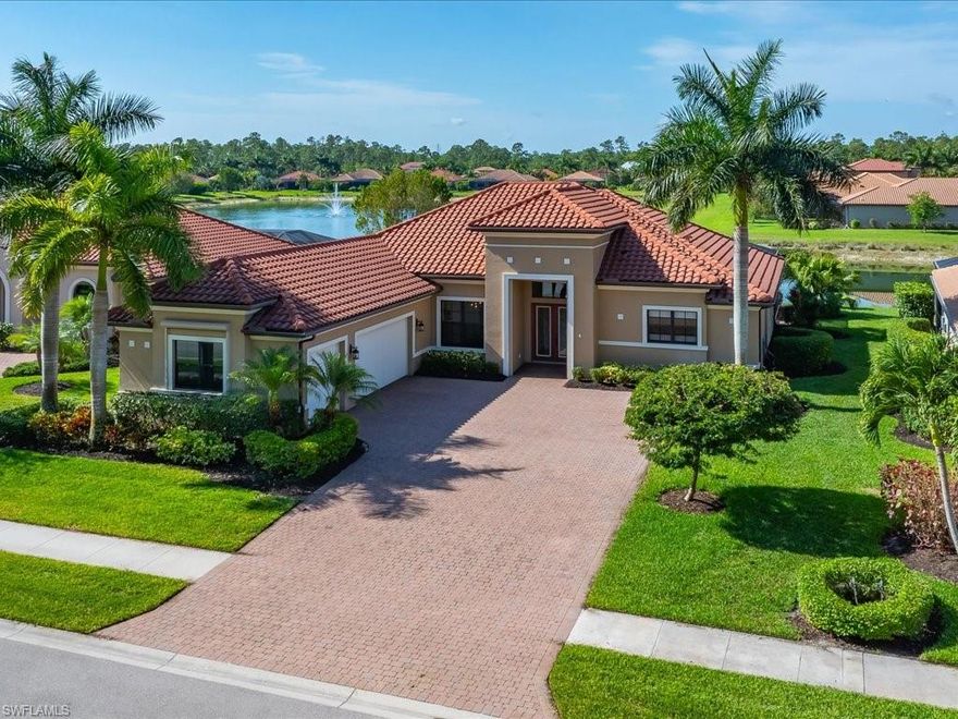 One or more photo(s) has been virtually staged, AI generated or rendered.  Experience refined living in this beautifully designed 3,100 sq ft residence, perfectly suited for both entertaining and everyday comfort. The open-concept floor plan is enhanced by soaring ceilings and an abundance of natural light, creating a spacious and inviting atmosphere. The gourmet kitchen is a chef’s dream, featuring stainless steel appliances, upgraded cabinetry, and a generous pantry, seamlessly flowing into the dining and living areas. This thoughtfully designed home offers 3 bedrooms plus a dedicated office, 3 full bathrooms, an expansive living room, and a three-car garage. The main living spaces are ideal for hosting, with effortless indoor-outdoor connectivity. Step outside to a southern-facing lanai where you’ll find a large pool, outdoor kitchen, and sweeping panoramic lake views—perfect for relaxing or entertaining year-round. Located in Mockingbird Crossing, just minutes from top-rated schools, pristine beaches, dining, and shopping, this exceptional property captures the essence of the Naples lifestyle, offering privacy, elegance, and modern convenience. One or more photo(s) has been virtually staged, AI generated or rendered.