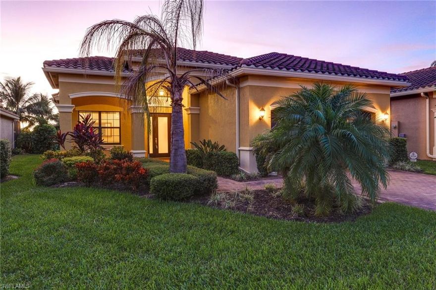 This move in Ready Burgundy Model home is in the heart of North Naples, and arguably the finest community in Naples.  A gently lived in home, Decorated with Warm Neutral Tones, Boasts of the finest appointments and upgrades to include Starting once you walk in the front door  a Drum chandelier with hanging Capize shells Custom Granite Kitchen Island, Raised Custom Cupboards, Kitchen Pantry, Granite Kitchen and Bath Counters, Stainless Steel Appliances, Designer Ceiling Fans and Lighting, window treatments and vertical blinds, 18 inch Designer Tiles on the Slant, Matching Faucets (and Hardware) Formal Dining Room, Tray Ceilings, Large Walk in Closet in Master Bedroom, Screened Lanai, Motion activated entrance lighting, security system complements of association.  If it could not get any better Riverstone is know for a world class club house and amenity center to include, a Resort style water fall pool, tennis courts, pickle ball courts, a game room, yoga room, and fitness room.