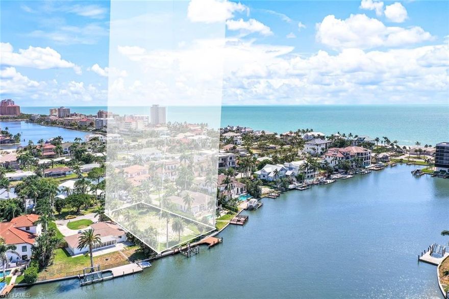An Idyllic Blend of Beach & Boating: Nestled in an exclusive enclave w/ only three single-family residential streets on the coveted beach side Vanderbilt Connors & being one of the largest, wide bay view lots in the area, this rare .33-acre oversized property is the epitome of Naples luxury waterfront living. Imagine a lifestyle where you can dock your boat in your backyard, stroll 850ft down your street to the unspoiled sands of a pristine beach within minutes, or golf cart distance to dine & shop at Naples' favorites like the Ritz Carlton, La Playa, Mercato, & Waterside Shops — all without leaving your neighborhood.  Exceptional Boating Access:
W/ almost 100' of water frontage, this premium lot offers deepwater access complete w/ a state-of-the-art dock system & 40,000lb boat lift. A newly constructed seawall ensures peace of mind for the discerning boater.  Ready-to-Build Dream Home: Save months, even years, of architectural planning. W/ ready-to-use plans for a stunning coastal contemporary 4,440 sq.ft. under-air home, also featuring expansive outdoor living spaces. Designed by renowned Kukk Architecture & Wilbrett Construction is prepared for immediate building commencement.