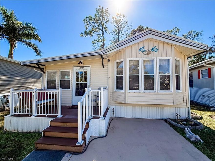 Move-In Ready, Turnkey Home with Land Ownership in Corkscrew Woodlands – 55+ Gated Community.
Welcome to this beautifully updated 2-bedroom, 1-bath home, offering affordable Florida living with NO lot rent—you own the land. This move-in ready property has been thoughtfully upgraded, including new AC and ductwork, updated electrical, plumbing, windows, flooring, and fresh interior paint.
Step inside from the front deck into a spacious living area, then flow into the bright and airy kitchen and dining space, complete with ample storage. The layout offers added convenience with en-suite access to the bathroom from the primary bedroom, plus a flexible guest space located just off the Florida room—perfect for visitors or extended stays.
Enjoy indoor-outdoor living with a covered back deck and private backyard framed by mature palm hedges, ideal for relaxing or entertaining.
Sold turnkey with furniture negotiable, plus optional golf cart—just bring your suitcase. Located in the highly desirable Corkscrew Woodlands, a 55+ gated community known for its natural beauty and active lifestyle, residents enjoy: Lakefront lap pool & hot tub, 23-acre lake with kayaking & paddle boating, Fishing pier, Scenic nature trails, bridges & canals, Butterfly garden, Vibrant social & sporting activities. Low HOA of $717/quarter includes water, sewer, basic cable, and lawn care—making this one of the best values in Estero.
Whether you’re looking for a seasonal retreat or full-time residence, this home offers low-maintenance living, strong value, and an unbeatable community lifestyle. Schedule your showing today.