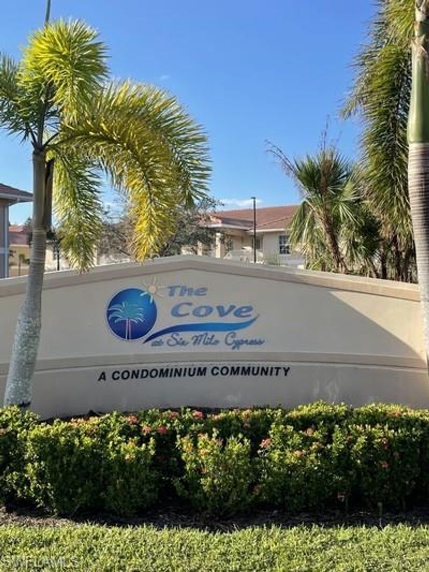 Location, location! Beautiful and well-maintained 3 bedrooms, 2 baths condo in The Cove at Six Mile. Excellent investment opportunity with a low HOA fee and a prime location close to shopping, restaurants, hospitals, Colonial Blvd, US-41, and I-75.
This second-floor end unit features 1,118 sq ft, vaulted ceilings. The kitchen offers white cabinets, granite countertops, and a pantry. The master bedroom includes a walk-in closet,bathroom with  dual sinks, and a glass-enclosed shower.
Relax on the screened balcony with a small storage and a peaceful view. The community offers a pool and fitness center. This unit has two assigned parking spaces.
Agents: Please read confidential remarks for important information.