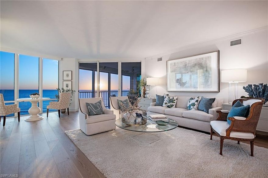 Experience luxurious beachfront living from the moment you enter through the gates of this residential oasis. Le Ciel Park Tower is a top-tier beach building with only 71 residences and all newly renovated lobby and amenities. This sleek and stylish offering is "move-in ready" as it has recently undergone a complete and extensive refresh inclusive of beautiful hardwood flooring and alluring interior design featuring a color palette of sand, sea, and sky hues. Perfectly located on the mid-level with nine-foot ceilings and walls of glass capturing glorious sunrises across sparkling Venetian Bay waters as well as spectacular sunsets overlooking the Gulf of Mexico. The spacious floor plan provides privacy for both owners and guests with three bedrooms and three baths, separate living and media rooms spanning over nearly 3,000 square feet with two additional screened waterfront terraces. Two deeded second-level garage parking spaces. Resort-style amenities feature a beachfront pool and spa, outdoor grill area, fitness center with sauna and steam rooms, club room, tennis court, two guest suites, and 24-hour security.