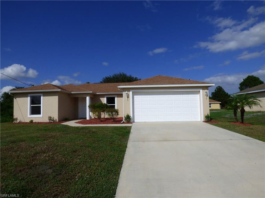 Affordable and move in ready, freshly painted inside and out, new light fixtures and 4 ceiling fans, new central A/C condensing unit in 2014, ceramic tile floors throughout with new carpet in the bedrooms, breakfast bar, pantry and appliances in kitchen with glass tile back splash, dual sinks and walk in tile shower in master bath, indoor laundry area, double garage with seal coated floor, cathedral ceilings, nicely landscaped yard, open patio in back yard, minutes to I-75 and Ft. Myers, traditional sale, fast local closings.