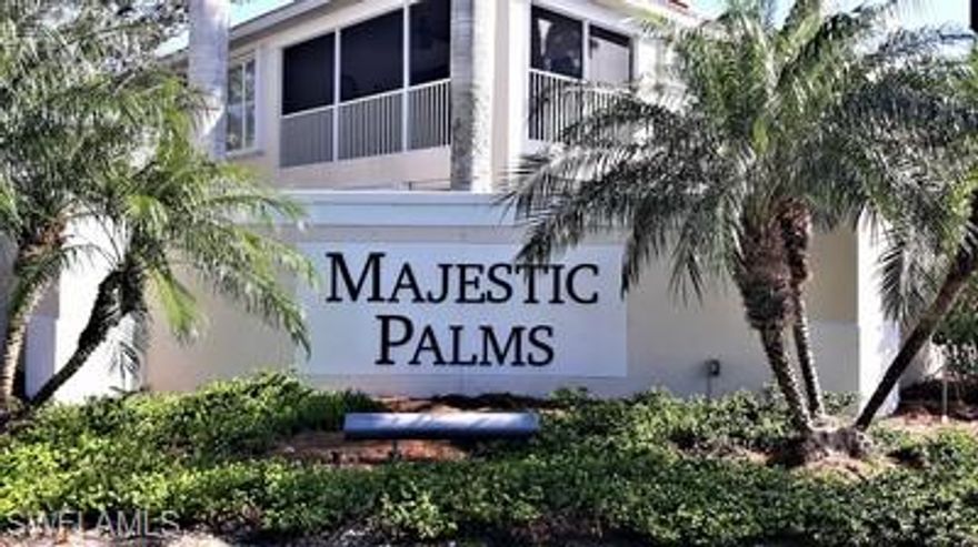 Beautiful first floor 3 Bedroom, 2 bath condo with attached 1 car garage in the desirable gated community Of Majestic Palms. The condo has an open floorplan with tile throughout the main living area and laminate flooring in the bedrooms. All the flooring is in excellent condition. The home has a beautiful private view of the lake and landscaped area.  The air conditioner ,washer and dryer have been updated. The community has a geo thermal pool that is heated and cooled with a barbeque area. Majestic Palms is close to Sanibel and Fort Myers beach and RSW airport. All this and low fees. Call listing agent Cheryl for private showing. 631-327-3886