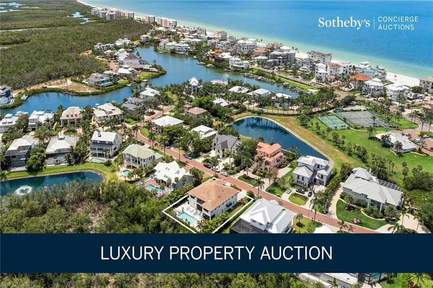 LUXURY PROPERTY AUCTION: 1–13 May.  Accepting starting bids through 12 May.  Starting bids expected between $1.5M–$2.5M. 
  Barefoot Beach is one of Southwest Florida’s most coveted addresses, and this nearly new residence within the private, gated community of Barefoot Beach delivers everything that reputation promises. Step outside and the mood shifts instantly: a resort-style pool and spa surrounded by lush tropical landscaping, water and fire features, and a serene preserve backdrop that makes every evening feel like an escape. Inside, soaring ceilings, wide-plank wood floors, and an open floor plan set the stage for effortless entertaining, while the gourmet kitchen, anchored by Wolf and Sub-Zero appliances, makes good living a daily habit. The primary suite is a sanctuary unto itself, with preserve views, a private sitting area, and a spa-like bath designed for genuine restoration. Three guest suites, each with their own en-suite bath, ensure visitors are equally well cared for. From the pool deck to the fully integrated indoor-outdoor sound system, every detail of this nearly new residence has been considered and impeccably maintained.