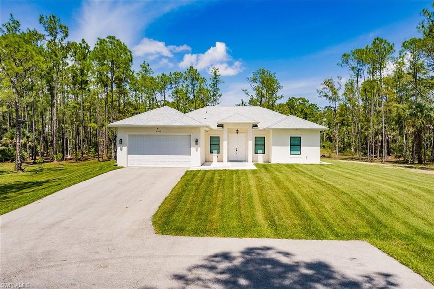 Tired of HOA fees and restrictions? Looking for some privacy?  Well look no further.  This 1 year old single-family home was built by DS Homes of SWFL. This "Valencia Model" features 3 Beds, 2 Bath on 2.73 acres of uplands! The open floorplan, with porcelain tile throughout, is perfect for entertaining your guests. The large gourmet kitchen features authentic wood shaker cabinets, quartz countertops, a large island, stainless appliances. This home has been upgraded with commercial-grade water filtration and Osmosis system (carbon, sediment and KDF filters and UV light Water Sterilizer Purifier Filter). Other upgrades features include 8 security cameras, ADT alarm system with movement sensors at front of the property, Hurricane Impact windows and impact sliding glass door, epoxy sealed garage paint. For our outdoor lovers, there is an artificial lake stocked with fish and extended grass and concrete slab for gazebo/BBQ, fruit and vegetable trees offering Mango, Guavas, Soursop, Citric and Avacado with smart irrigation system, 4 wood raised garden beds, chicken coup with solar lights, a rustic side road to access the back of the property.  Plenty of room for a pool.