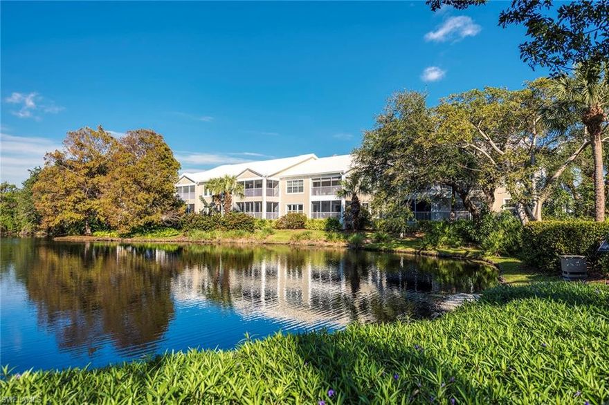 Rarely available end unit in Chanteclair. This condo is ideally located across from the pool, with stunning views of the lake, facing south. 3 Bedroom, 2 Bath with large living room, dining, and a nice sized screen lanai facing the lake. Best deal west of Pelican Bay Blvd and only a short walk to the Chanteclair tram stop. New HVAC and hot water tank.