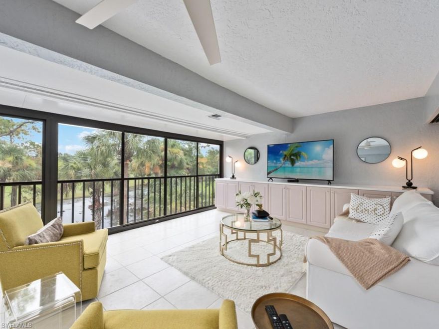 Are you searching for the perfect retreat with an immediate opportunity to purchase a golf membership with no waitlist? Look no further. This beautifully furnished 2-bedroom, 2-bath condo in Eagle Creek Golf and Country Club offers the best of both worlds—exclusive access to a premier golf club for players of every level and an array of resort-style amenities for those who simply love the lifestyle. This unit is situated close to the newly renovated clubhouse. Serene natural setting near the Gulf beaches of Naples and Marco Island, this light and bright residence features an open floor plan, a spacious kitchen with a breakfast bar, an inviting dining area, and generously sized bedrooms. The grand 15' x 42' Florida room spans the length of the home with 40 feet of Plexiglass sliders, creating an expansive indoor-outdoor living space and offering breathtaking views of the picturesque 3rd hole. Enjoy the refreshing breeze by opening the sliders or close them to relax in comfort any season. Beyond the fairways, Eagle Creek delivers an exceptional social experience with a clubhouse grille and bar, the Crystal Lake Café, spa services, a state-of-the-art fitness complex, 7 Har-Tru tennis courts, 3 grass bocce courts, and a junior Olympic-sized pool and whirlpool. Whether perfecting your golf swing or simply soaking in the vibrant community atmosphere, this condo provides an unmatched opportunity to embrace the ultimate resort lifestyle—just minutes from the nightlife and fine dining of downtown Olde Naples.