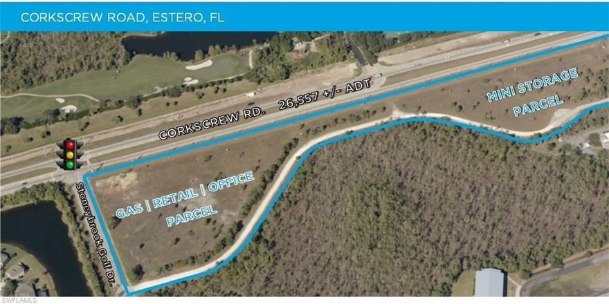 12.02 acre +/- CPD - zoning resolution in place.  Cleared, partially filled, utilities/roads in place.  Frontage on Corkscrew Road (1,900 +/- linear feet).  White hot residential corridor - 6,000+ rooftops within 2-mile radius and increasing rapidly to the East

1 mile east if I-75 (Exit 123) and 1.5 miles from FGCU (state’s fast growing university).  Approved for: 6-island gas station with c-store (3,700sf), office (16,000sf), retail (9,000sf), restaurant (4,000sf), and mini-storage (151,000sf).  Meets Estero architecture and parking requirements