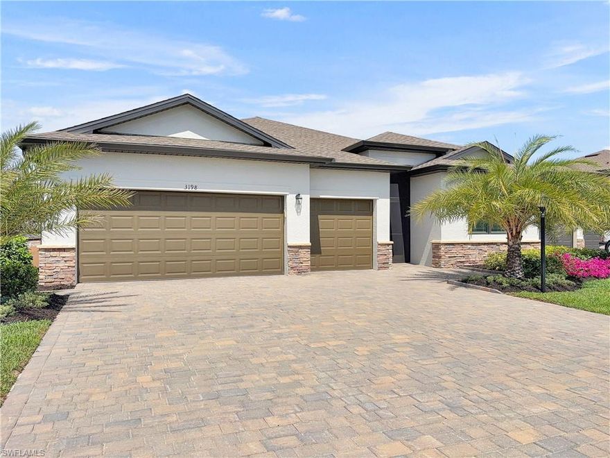 OVER $50,000 IN UPGRADES INCLUDED! STUNNING TIVOLI FLOORPLAN W/IMPACT RESISTANT WINDOWS + DOORS, 3-CAR GARAGE, EXTRA LONG DRIVEWAY (FITS 5 CARS EASILY) AND FULLY PAID OFF SOLAR SYSTEM! Welcome to this gorgeous manor home by Lennar, situated on an oversized lot in the beautiful Portico community in sunny Fort Myers, FL. This modern Smart Home, built in 2023, has tile flooring throughout and features 4 bedrooms incl. spacious Owner’s suite and 3 full bathrooms, with a total living area of 2,271 sq.ft. The open living concept makes it the perfect floor plan for both family living and entertaining! The heart of the home is its great room with the large open kitchen w/island + bar, granite countertops, plenty of cabinet space, stainless steel appliances, pantry and large breakfast nook. The separate formal dining space can also be used as office or hobby space. Tall glass sliding doors connect the living area with the covered lanai, which has been extended to create a spacious and fully screened-in oasis for cozy outdoor relaxing, featuring high-quality Softroc rubber floor. The owner’s suite is a true retreat, complete with a large walk-in closet and a spa-like ensuite bathroom featuring dual vanities and a large shower with upgraded rain shower head. Three additional bedrooms provide ample space for family and guests, while the well-appointed bathrooms ensure convenience and privacy for all. A laundry room is located inside the home, for your convenience. Whether you're sipping your morning coffee or hosting a dinner for friends, the tranquil lanai backdrop adds a touch of natural beauty to your everyday life. The oversized lot provides extra space to entertain pets and children. The lovely backyard features a square paver deck framed by beautiful Christmas palm trees, a perfect spot for having an outdoor coffee, breakfast or dinner! There is also plenty of room to add a pool, if desired. Further Upgrades of this amazing residence include a frosted glass-insert front door (for lots of natural light in the foyer), custom cabinets in the laundry room, a luxury refrigerator, insulated garage doors, upgraded landscaping and palm trees, a garbage bin pad, gutters all around the house, upscale ceiling fans w/remote and light + more. And on top of all that, you will SAVE THOUSANDS OF DOLLARS EVERT YEAR on your electrical bill because of the FULLY OWNED SOLAR SYSTEM - the current monthly electrical bill for this home is on average only around $26! This gem has it all, so much value already included, and it’s ready for you to move right in and make it your very own SW Florida paradise!
NO FLOOD INSURANCE REQUIRED! Portico is a highly sought-after, access-controlled community w/Low HOA fees. Residents enjoy resort-like amenities, including clubhouse, community pool, gym, yoga/movement studio, tennis, pickleball, basketball, play area. Pets, Fences & LSVs permitted! Great location, short drive to I-75, shopping, dining & more!