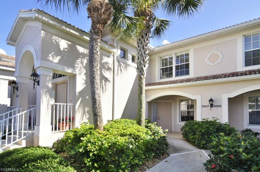 An immaculate first floor 1,209 square foot 2 bedroom, 2 bath condo located in a gated bundled golf community.  East views from the lanai are of a lake with the golf course in the distance.  Very private.  Corian counter tops throughout.  Custom window treatments are in the great room and kitchen.  Built-in Murphy bed with custom built-ins in the 2nd bedroom which could easily be used as a home office.  The refrigerator, dishwasher, washer and dryer have been replaced recently.  There is a custom ceiling fan in the great room.  Close to all services including the Coconut Point Mall, SW Florida airport and the gulf.  Annual Master HOA fee of $5470 includes golf privileges, a $725 mandatory club fee and a $367 annual assessment fee.  The club house was renovated in 2012.  The golf course renovation was completed in 2014.  Also, buyer assumes CDD which is included in the annual tax bill.