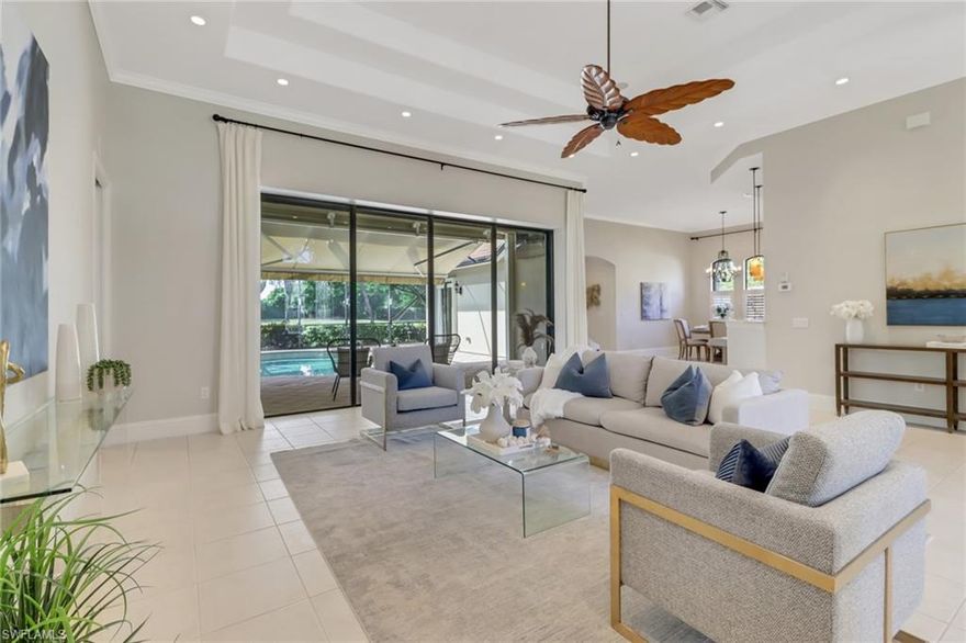 Space and Privacy! This 3 bedroom, 3 bath  + Den home also features a additional flex room.  Sitting on an oversized lot at the end of a private cul-de-sac with neighbors on only one side creates the most private setting you can find in a gated neighborhood. Upgraded wood floors in the bedrooms, new kitchen, new roof, oversized garage and a huge motorized awning on lanai to best enjoy the Florida sunsets. Palmira features a resort style pool, lap pool, tennis, bocce, pickleball & a state of the art attended fitness center.