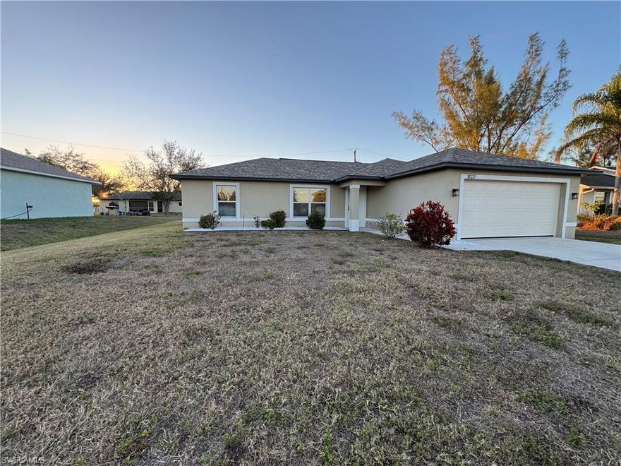 Ready to move in. Beautiful 5-year-old Home. Really Nice Quiet Neighborhood. You will love this location. Close to Great Schools. Easy access to Fort Myers. Convenient to MidPoint Bridge, Pine Island Road, and Cape Coral Parkway. The home features a Fluid Design (Open Floor Plan)with Split Bedrooms. Attractive Granite Counter Tops in the Kitchen and Both Bathrooms. Matching Stainless Steel Appliances. Glass Top Range, Refrigerator/Ice Maker, Dishwasher, and Built-in Microwave. Like New Window Treatments Included. Laundry Room (Stackable Washer & Dryer) Inside Home. The owner's Suite has a Walk-In Closet. 2-Car Garage Attached. Call today. This will not last!